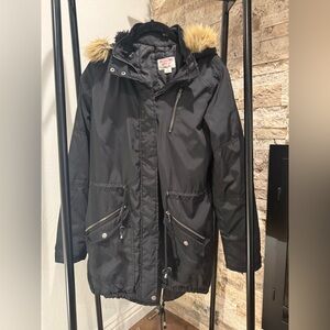 Black Hooded Parka with Faux Fur Trim